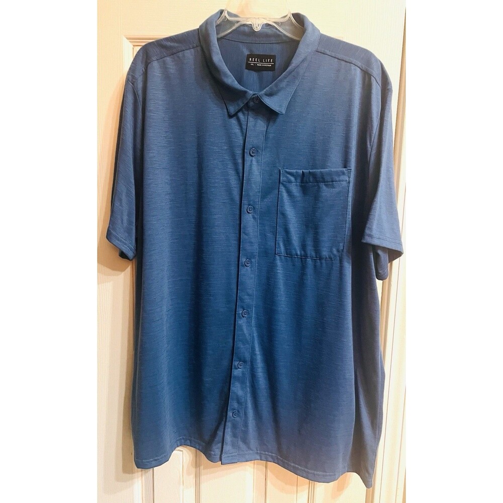 Reel Life Mens XXL Blue Soft Textured Short Sleeve Button Up Shirt Pocket 2XL